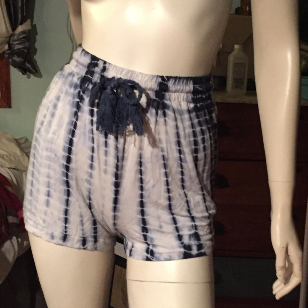 Blue and white hand dyed tie dye drawstring shorts
